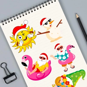 Autocollants de Noël sur un carnet avec Père Noël surfeur et bonhommes de neige