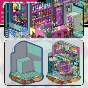 3D Cyberpunk style pixel art cottage indoor scene DIY sticker for scrapbooking