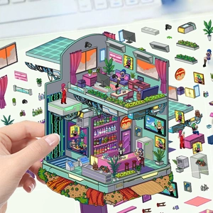 3D DIY cyberpunk miniature room kit with neon lights and character sticker scene