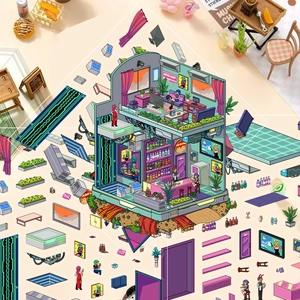 3D Miniature Scene Stickers PET Waterproof Pixel Art Cyberpunk Cabin Horror Hospital DIY Journal Decor Stacking Sticker