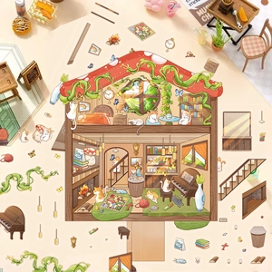 Set de pegatinas 3D de casa de gato DIY con casa de hongo, piano y gatitos lindos