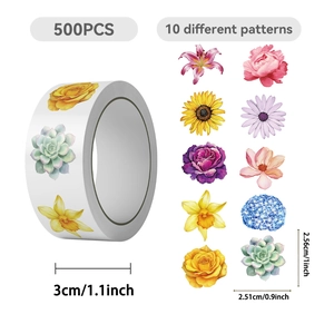 Dettaglio di 500 adesivi floreali per rotolo con 10 motivi ad acquerello e dimensioni