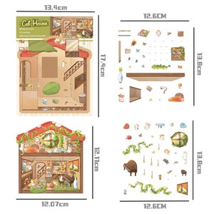 Detalle de láminas de pegatinas 3D de casa de gato DIY con medidas y piezas de interior