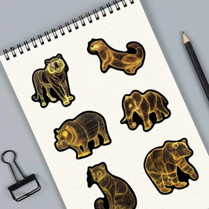 Dettaglio di adesivi animali 3D wireframe su un taccuino con motivi d'arte tech
