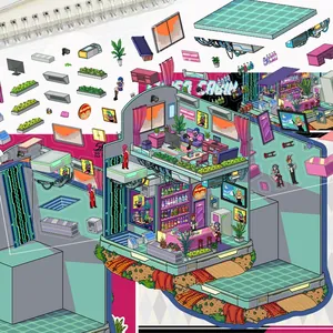 Detail of DIY 3D Cyber Cabin pixel art stickers showing two-story neon gaming house components