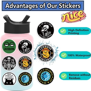 Funny prank meme stickers applied to a gradient water bottle showing waterproof details