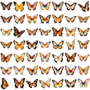 Vue à plat de 49 autocollants papillons colorés en grille 7x7 pour scrapbooking