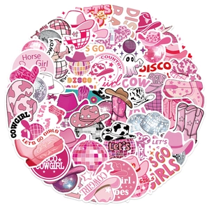 Detailansicht der pinkfarbenen Disco-Cowgirl-Sticker mit Retro-Stiefeln, Hüten und Glitzerbällen