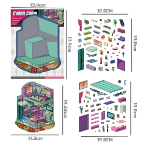 Detailed components of Cyber Cabin 3D pixel art DIY kit showing assembly layout and parts