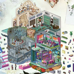 3D isometric pixel art cottage stickers featuring cyberpunk and Egyptian themes for DIY journals