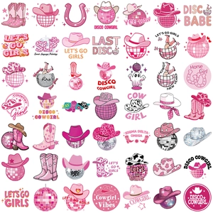 50 Stück Pink Disco Cowgirl Aufkleber Set mit Cowboystiefeln und Discokugeln für DIY Deko
