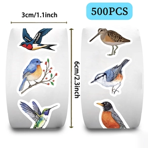 500pcs colorful watercolor bird stickers roll for scrapbooking, 3cm round decals