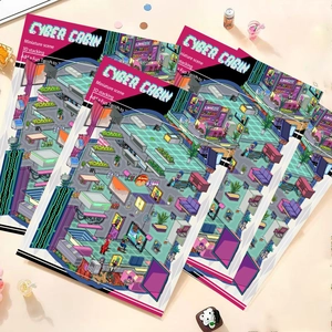 Macro view of Cyber Cabin 3D stacking stickers in vibrant pink and cyan cyberpunk colors