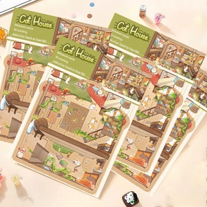 Detalle de pegatinas 3D de casa de gatos con escenas en miniatura e ilustraciones cálidas