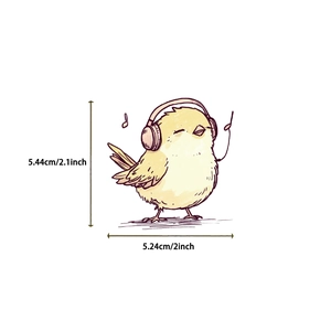 Autocollant oiseau jaune mignon avec casque rose et notes de musique pour DIY