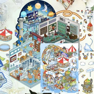 3D cartoon scene stickers featuring isometric DIY amusement park and lab themes
