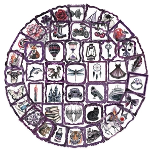 Set of 50 purple PET frame stickers with watercolor animal and object illustrations