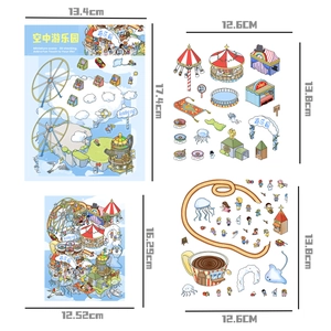 Detailed view of 3D theme park stickers with dimensions and cute amusement park icons