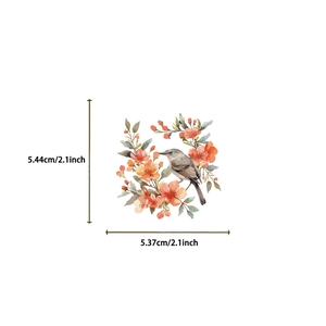 Vista detallada de pegatina de pájaro acuarela con corona floral y medida 5,44 cm