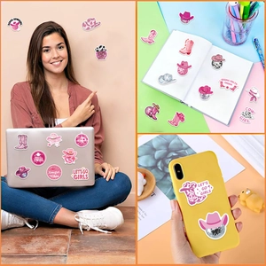 Set mit 50 rosa Disco Cowgirl Aufklebern für Gitarren und Laptops mit Retro-Motiven