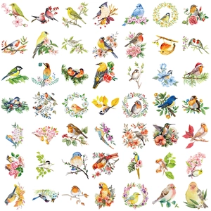 Set de 50 pegatinas transparentes de aves en acuarela con motivos florales para decoración DIY