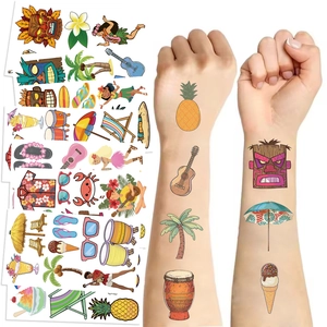 Autocollants de Tatouage Temporaire Tropical Hawaï Tatouages Éphémères Dessin Animé Flamant Rose Ananas Tiki pour Fête d'Été