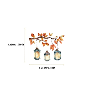 Size details of watercolor PET sticker featuring vintage lanterns on autumn branches