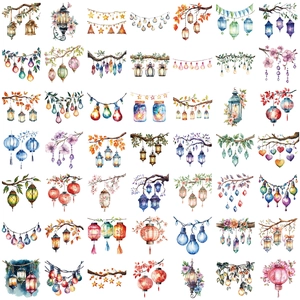 Macro shot of 50 decorative waterproof PET stickers with watercolor light and lamp designs
