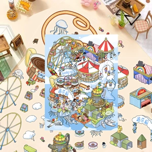 3D cartoon amusement park stickers with ferris wheel and hot air balloon motifs
