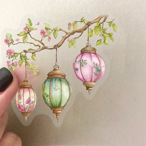 Transparent waterproof PET stickers with watercolor pink flowers and lanterns