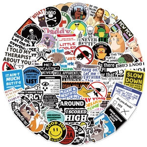 Close-up of funny prank meme stickers set for DIY waterproof laptop and guitar decoration
