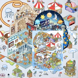 Close-up of 3D cartoon amusement park stickers featuring ferris wheels and carousels