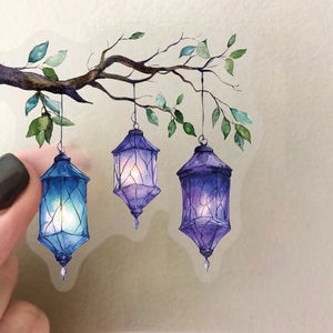 Detail of transparent PET stickers featuring watercolor retro lanterns on green branches