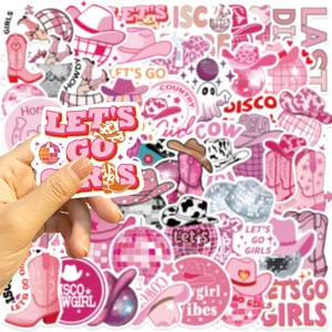 50er Pack pinke Disco Cowgirl Aufkleber mit Cowboystiefeln für Laptops und Gitarren