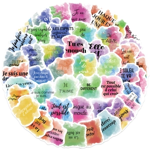 Detailed view of 50 watercolor French motivational stickers for laptop and DIY crafts