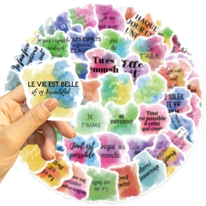 50pcs watercolor French motivational stickers for laptops and guitars with matte finish
