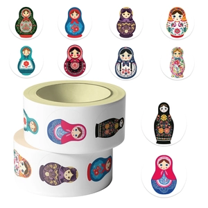 Roll of 500 Matryoshka Russian doll round adhesive stickers with 10 folk patterns