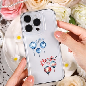 Transparent iPhone case with Chinese lanterns and floral pattern in a soft aesthetic