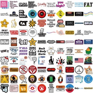 Detailed grid view of 100 funny meme prank stickers for laptop and guitar decoration