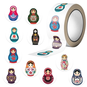 Roll of 500 colorful Russian Matryoshka doll round stickers for DIY craft decoration