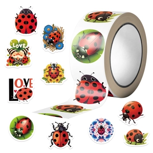 Roll of 500 ladybug cartoon stickers featuring various natural and floral decorative patterns