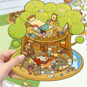 Vue détaillée d'un autocollant 3D de cabane miniature avec des scènes de dessin animé