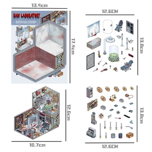 Detailed blueprint showing 3D DIY miniature horror laboratory dimensions and components