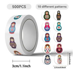 Detail showing 500pcs roll of 10 assorted Russian nesting doll stickers for gift sealing