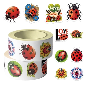 Two rolls of ladybug theme cartoon stickers featuring flowers and gnome illustrations