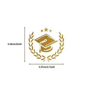Detailed size chart for golden graduation cap sticker measuring 2.1 by 2 inches
