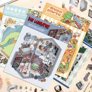 3D miniature scene stickers for DIY scrapbooking with creative cartoon themed designs
