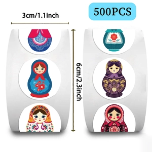 Detailed view of 500pcs roll of 3cm round Russian nesting doll stickers with vibrant patterns