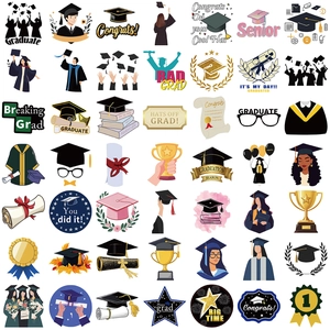 Pack of 50 waterproof graduation stickers for laptops and iPads featuring graduate caps