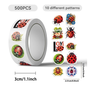 Detail showing 500 ladybug stickers per roll with 10 various decorative patterns